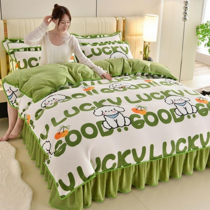 Thickened Milk Fleece Four-Piece Coral Fleece Quilt Cover, Bed Sheet Fleece Double-Sided Fleece Flannel Bedding, Bed Skirt