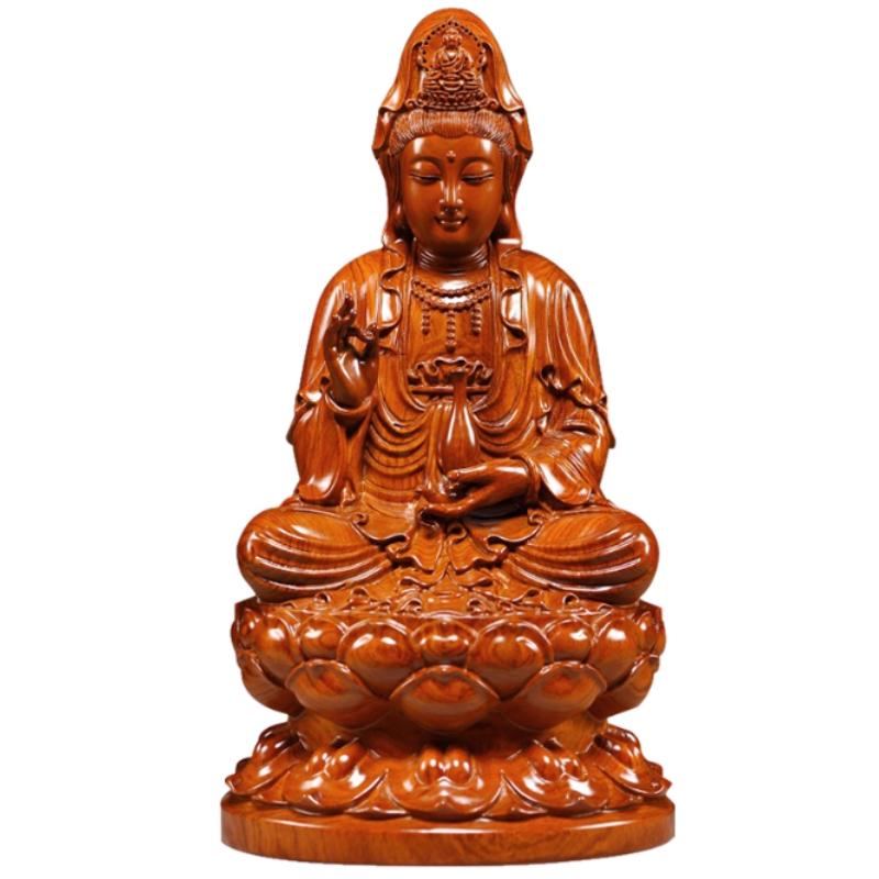 

1pc Wooden Lotus Sitting Statue of Guanyin Bodhisattva Solid Wood Carved Buddha Statue Wooden Carving Crafts Home Decoration 6x5.5x12cm