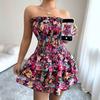 Beach Vacation Style Colorful Print Elastic Strap Short Skirt Flounce Dress Cake Dress One Shoulder Sleeveless Summer