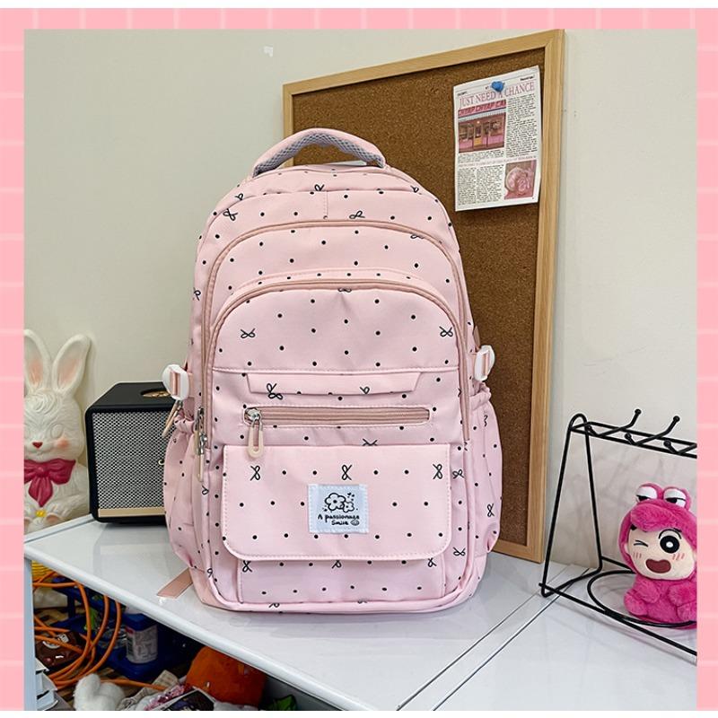 School Bag, Primary and Secondary School Students, Girls, Heart Polka Dots, Bows, All-match New High-value Backpack for Women