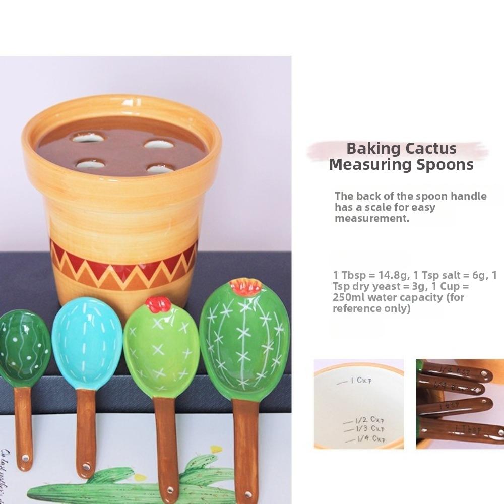 with Base Measuring Spoons Set Ceramic Cactus Ornament Kitchen Measuring Spoons  Seasoning Storage