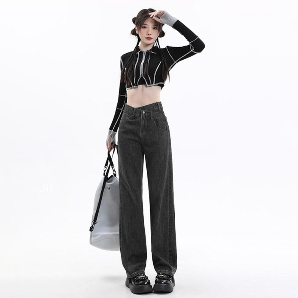 American High Street High Waist Straight Jeans Women's Loose and Thin Irregular Niche Hyunya Wide-leg Floor Pants