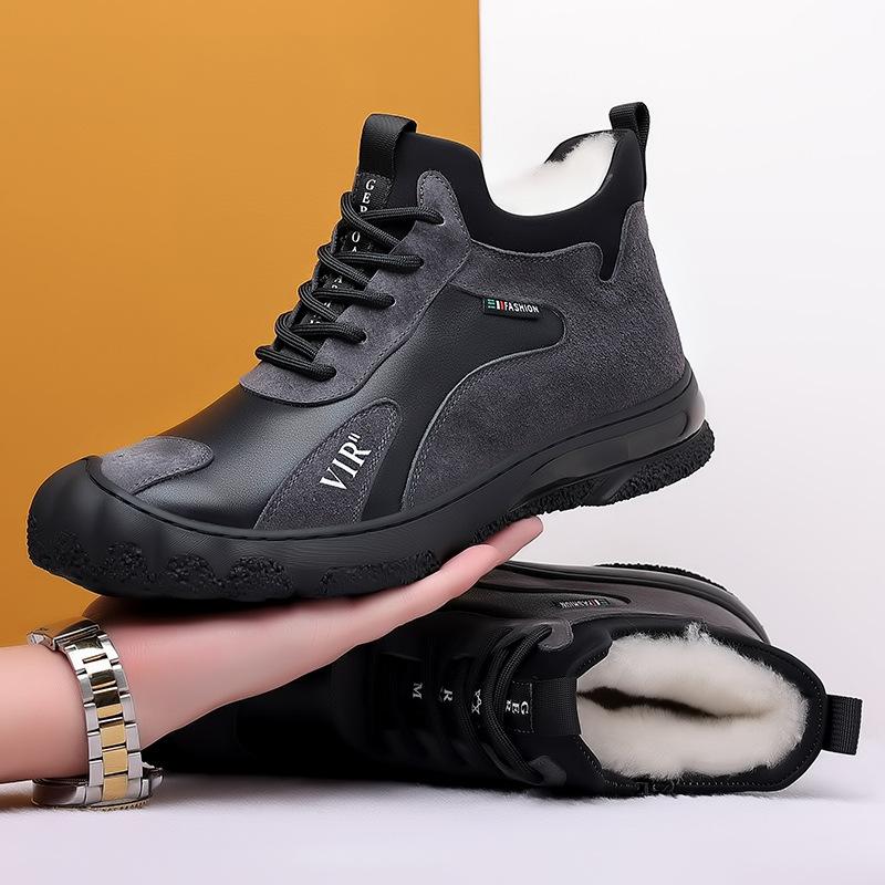 

Зимние шерстяные кожаные замшевые мужские хлопковые ботинки с высоким верхом, северный вельвет, теплые кожаные ботинки, средние спортивные и повседневные мужские ботинки 38 серый