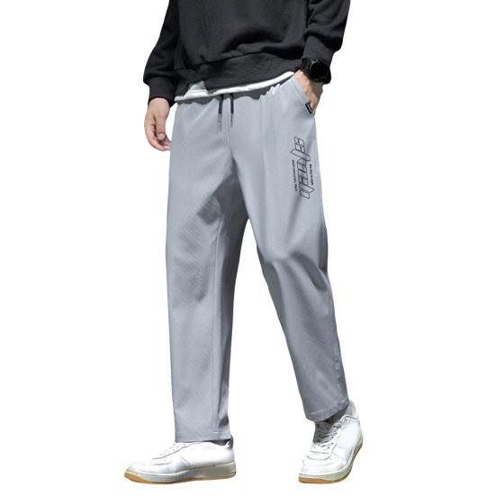 Men Spring Fall Pants with Side Pockets Drawstring Elastic Waist Wide Leg Thin Slacks Solid Color Loose Street Style Sport Trousers for Daily Wear
