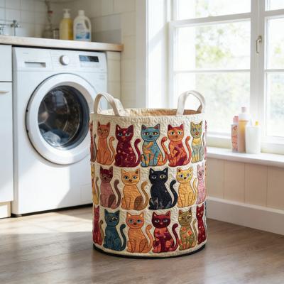 Quilted Laundry Basket Foldable Boho Fabric Laundry Hamper Cute Cat Storage Basket for Clothes Toys Blankets Nursery Bedroom