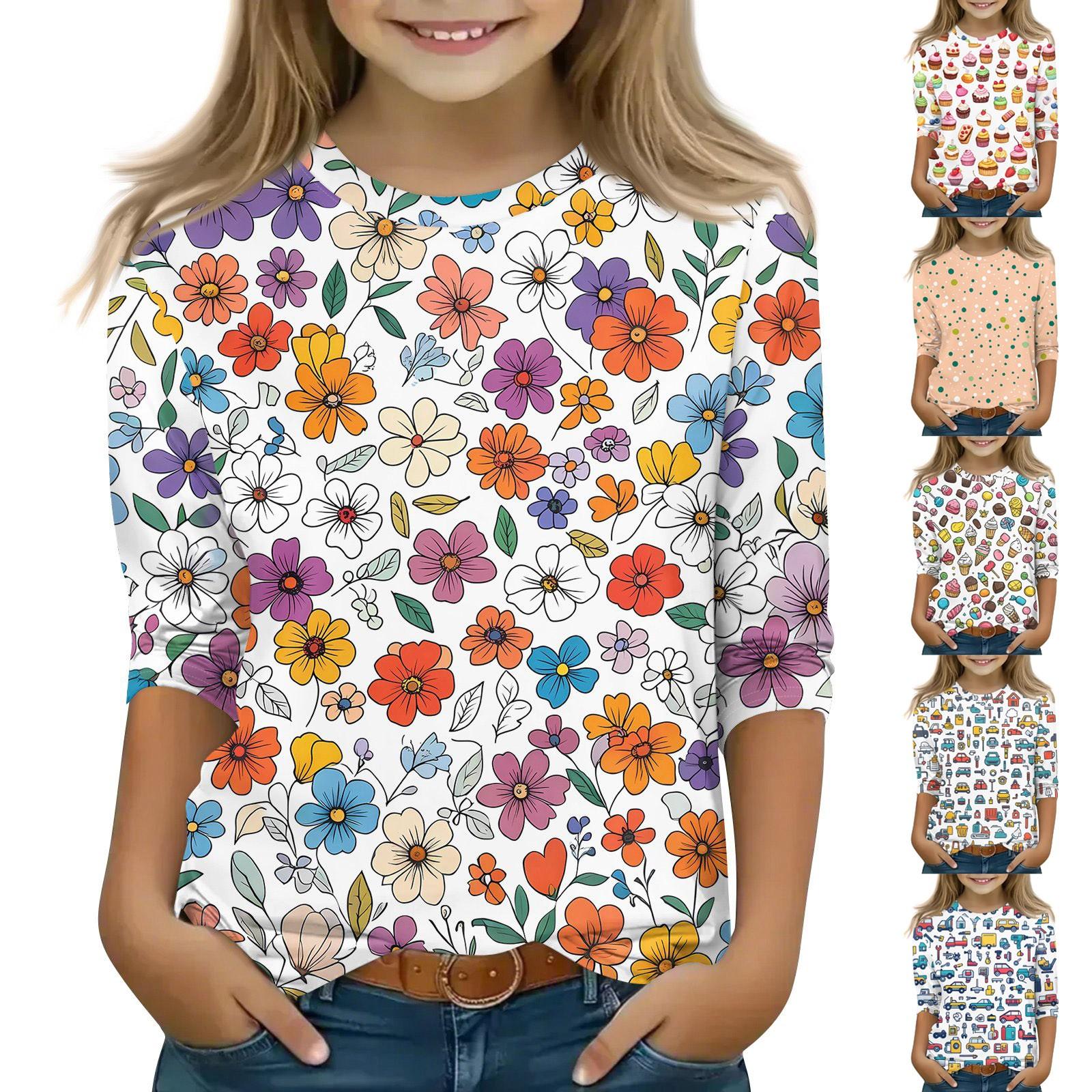 

Children s 3/4 Sleeve Tops Casual Print T Shirt Round Neck Pullover Blouse 110 хаки