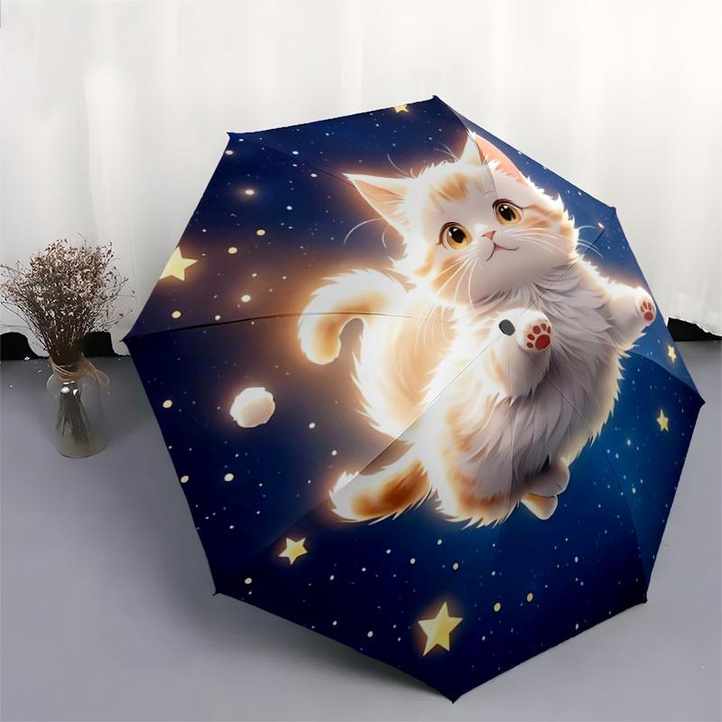 1pc Starry Night Kitten Umbrella with Plastic Handle,Suitable for All Seasons Home Travel Outdoor UmbrellaDD445
