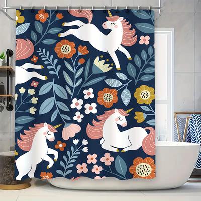 Adorable Unicorn Shower Curtain with Floral Design Navy Blue Background Perfect for Bathroom Decor 180x240cm Fabric Water-Resist