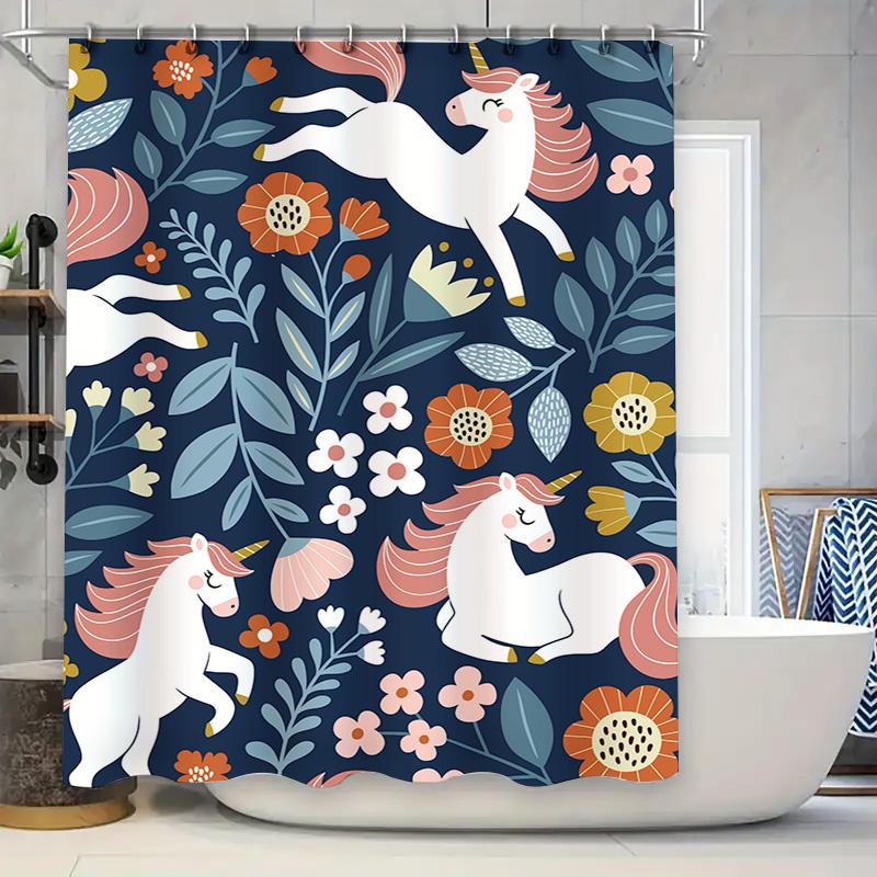 

Adorable Unicorn Shower Curtain with Floral Design Navy Blue Background Perfect for Bathroom Decor 180x240cm Fabric Water-Resist 90x180cm