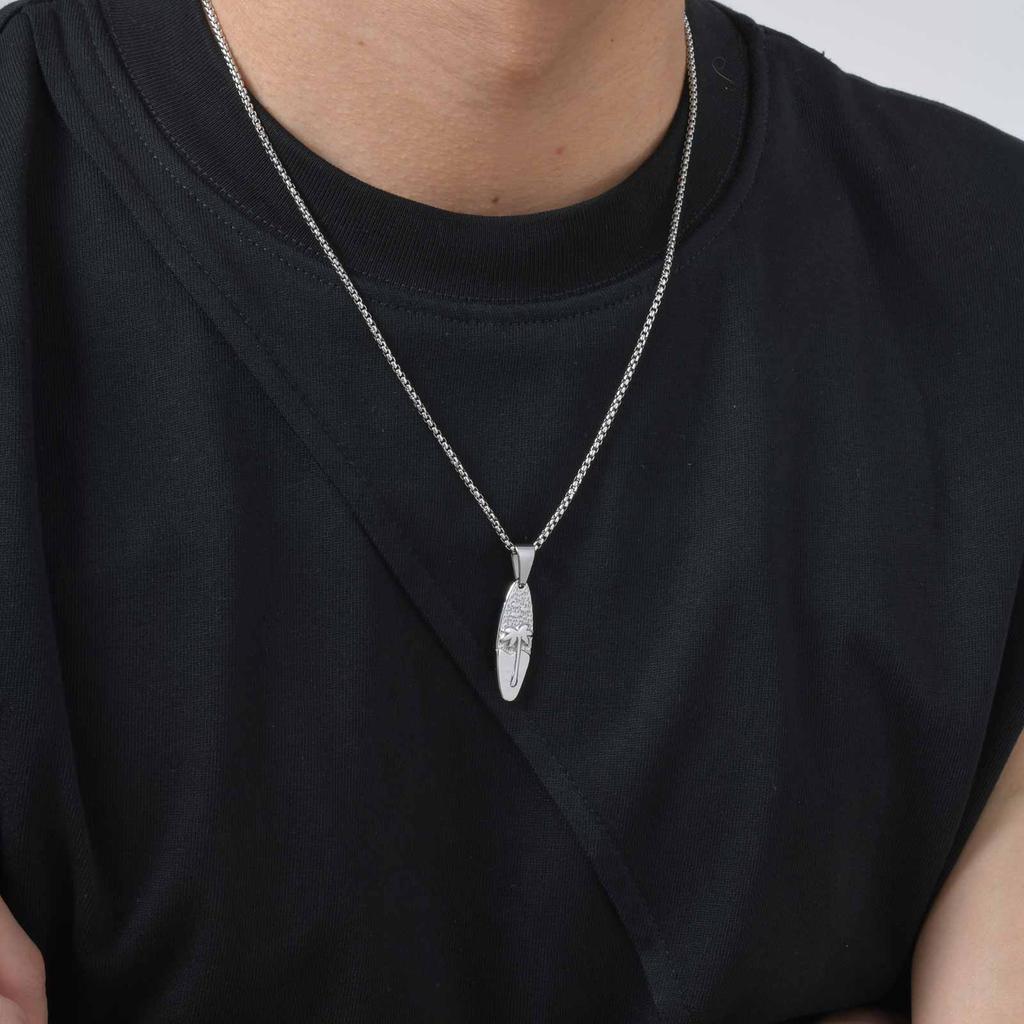 Summer Coconut Tree Pattern Oval Pendant Necklace for Men, Stainless Steel Dainty Fashion Necklace, Retro Jewelry Ocean Vacation