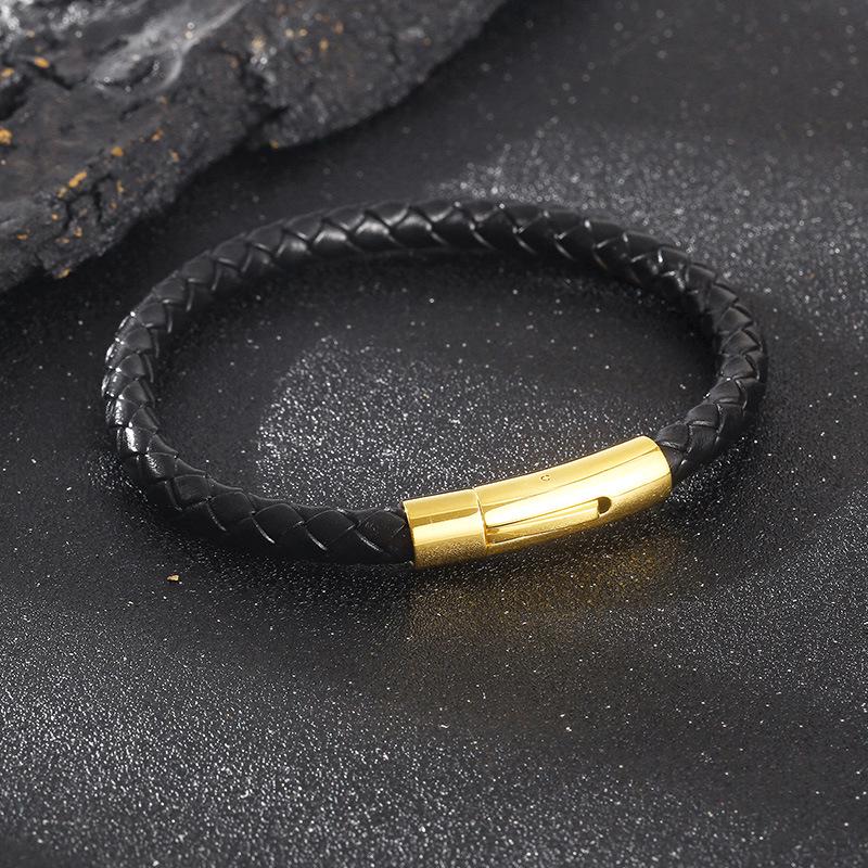 Men's Leather Rope Bracelet with Stainless Steel Snap Button - Minimalist and Trendy Design