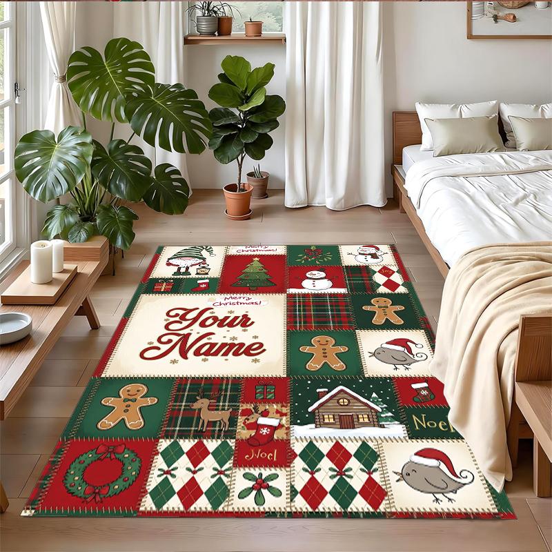 Christmas Custom Name Printed Square Area Rug Soft Non Slip Floor Carpet For Bedroom Holiday Gift