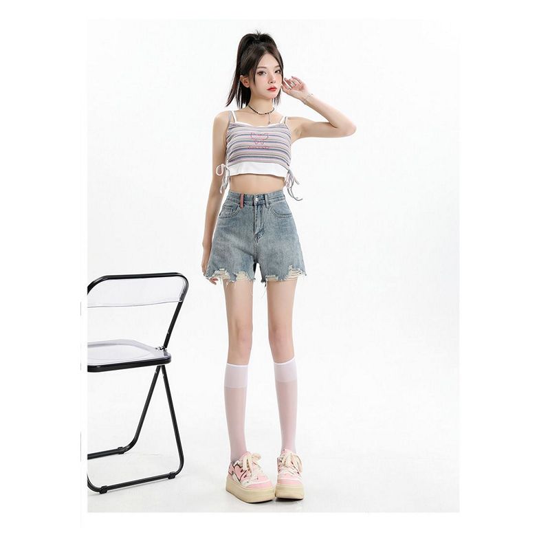 Ripped Denim Shorts for Women Summer New High Waist Slimming Loose Thin Style Hot Girl A-Line Wide Leg Hot Pants Ins Trend