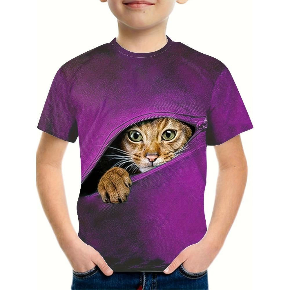 Pojkes dragkedja Katt Grafisk T-shirt för barn Mode kortärmade toppar Pojke Tjej T-shirt Djur 3D-tryckt sommar barnkläder