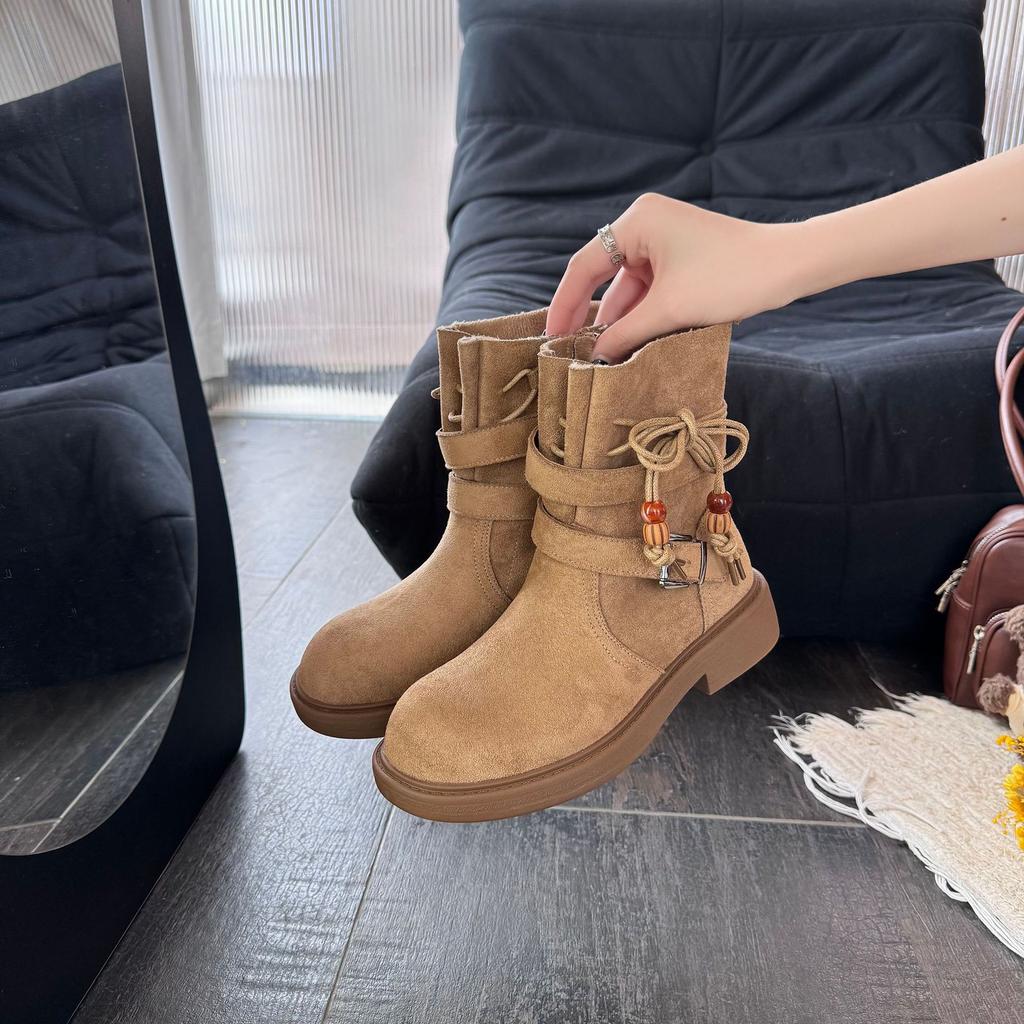 2025 autumn side zipper short knight boots women's autumn new round head thick heel belt buckle suede short boots