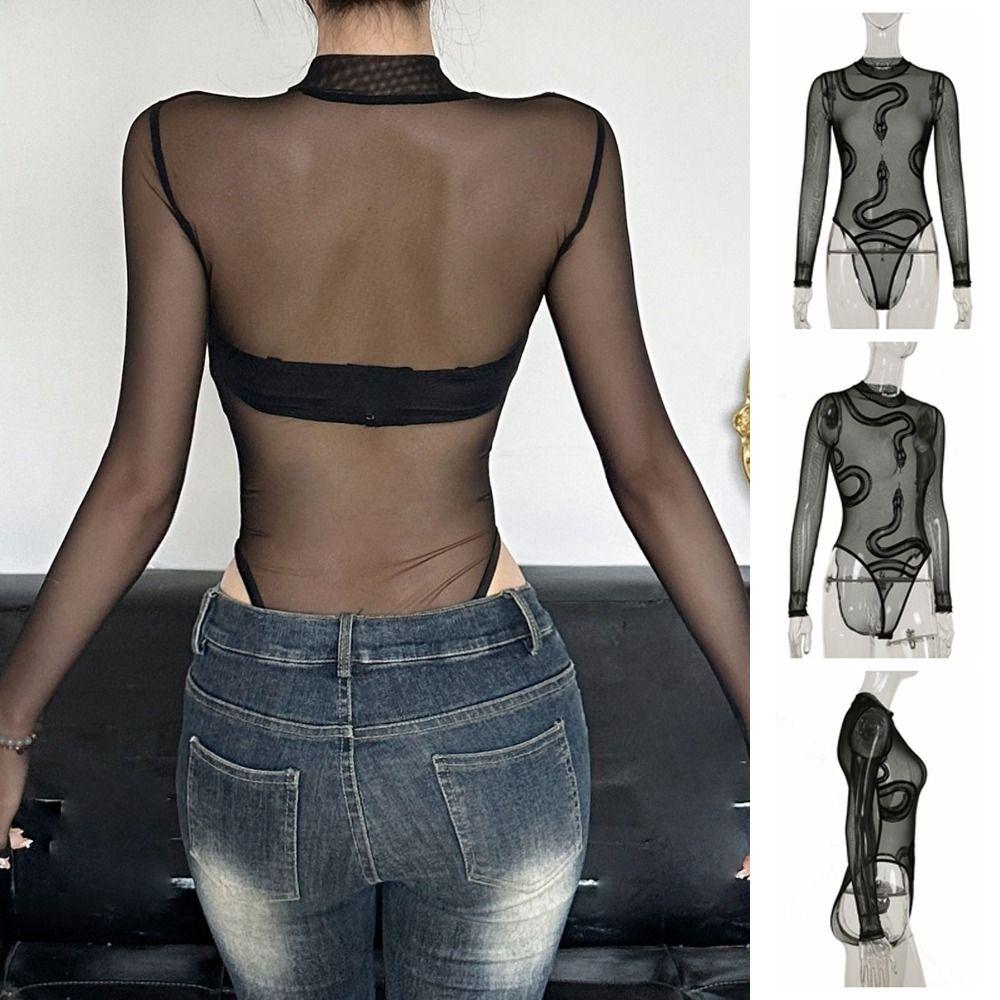 Snake Long Sleeve Lace Jumpsuit Seamless Underwear for Women Patchwork Mesh Thin Shapewear  Gifts