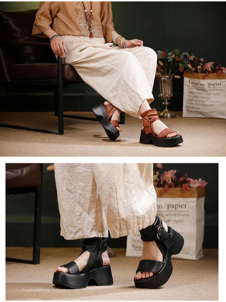 Johnature Genuine Leather Peep Toed Thick Soled Shoes Height Increasing Retro Women's High-heeled Sandals