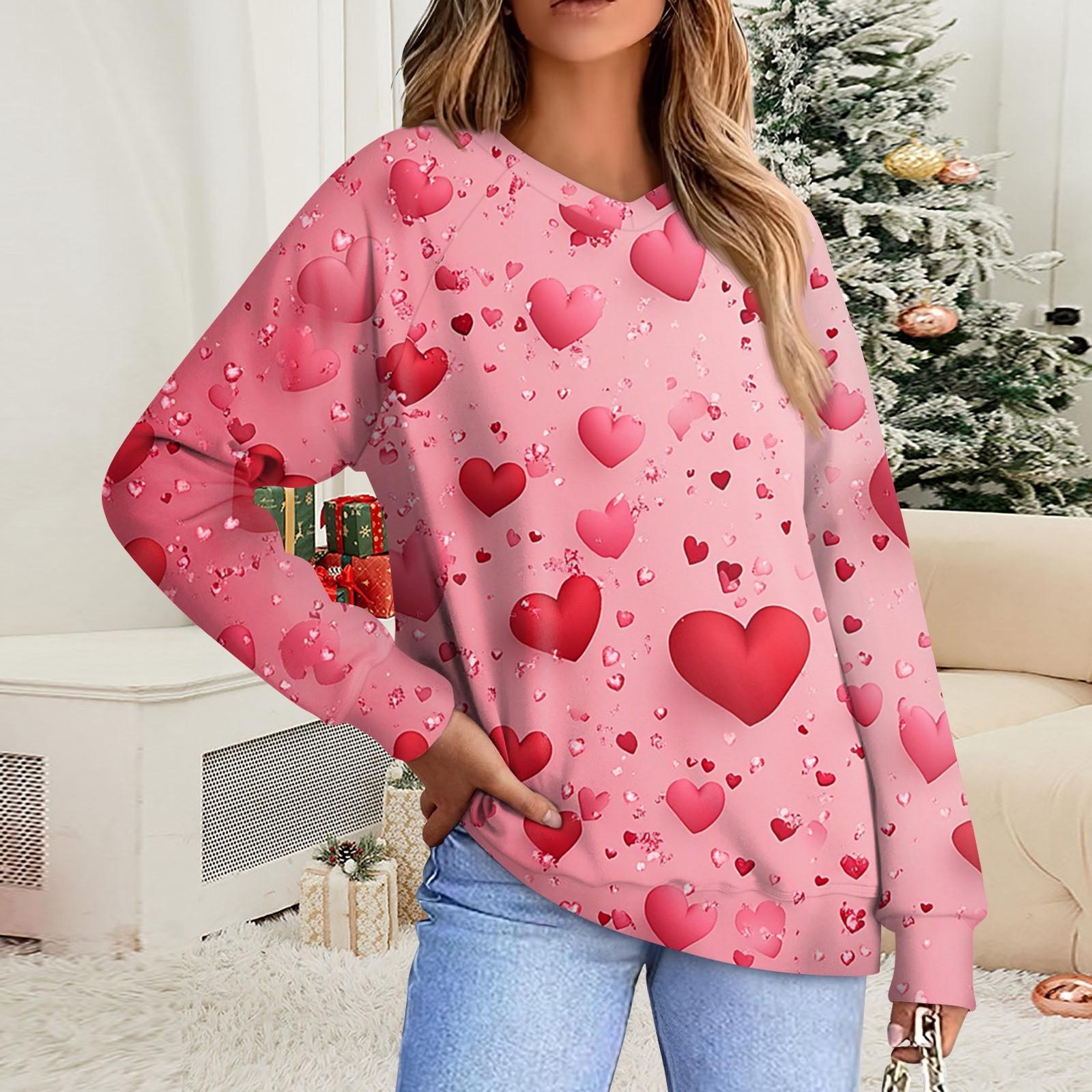 

Женская повседневная мода комфорт с манжетой V-образным вырезом с принтом ко Дню святого Валентина пуловер с капюшоном XL