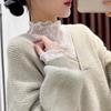 Top in pizzo con scollo a mezza altezza per donna con maniche lunghe, top sexy a strati in maglia sottile