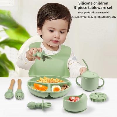 Alimentos complementarios para niños plato de silicona cuenco tenedor cuchara babero juego de vajilla de 9 piezas juego de platos resistentes a las caídas