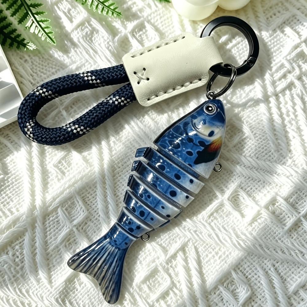 Novelty Multi-jointed Fish Keychain Hand-wrapped Leather Wooded Keyring  Backpack Decor