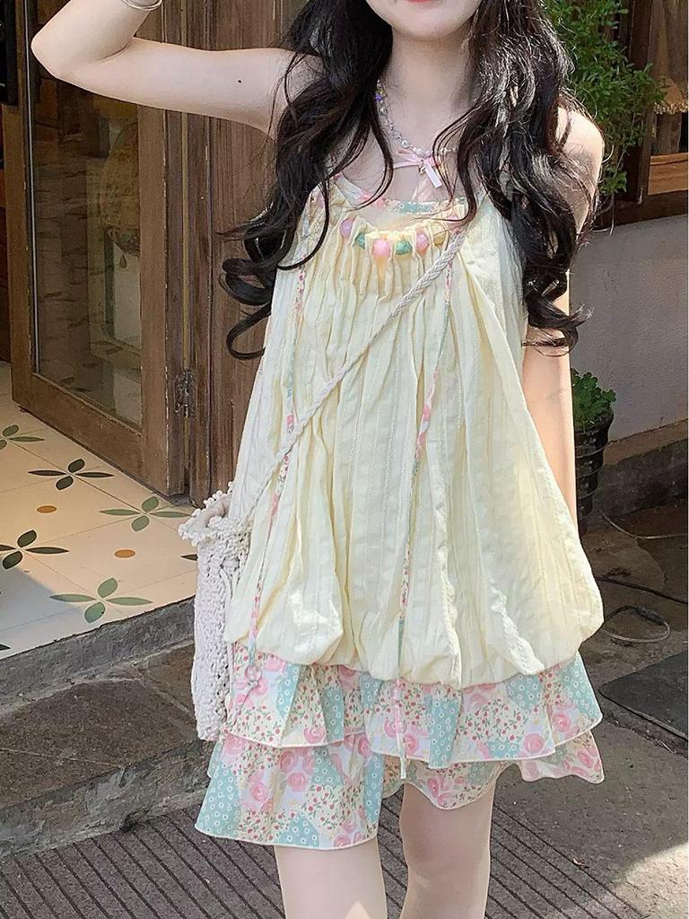 Island Style Tulip Dress with Pink and Green Floral Patchwork, Ruched Straps, Loose Fit - Women's 2025 Model