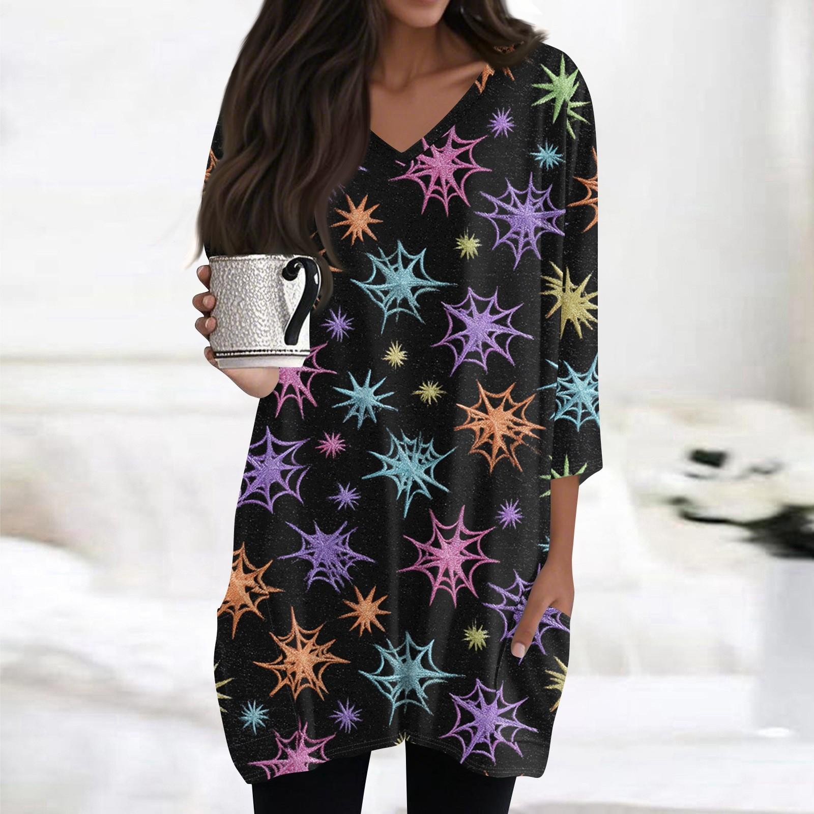 

Womens s Fashion Casual Halloween Print V-neck Mid Length Pocket 3/4 Sleeve Top S