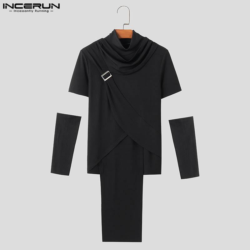 INCERUN Herren T-Shirt mit hohem Wasserfallausschnitt und Patchwork-Ärmeln, legere Passform, unregelmäßige Lagen