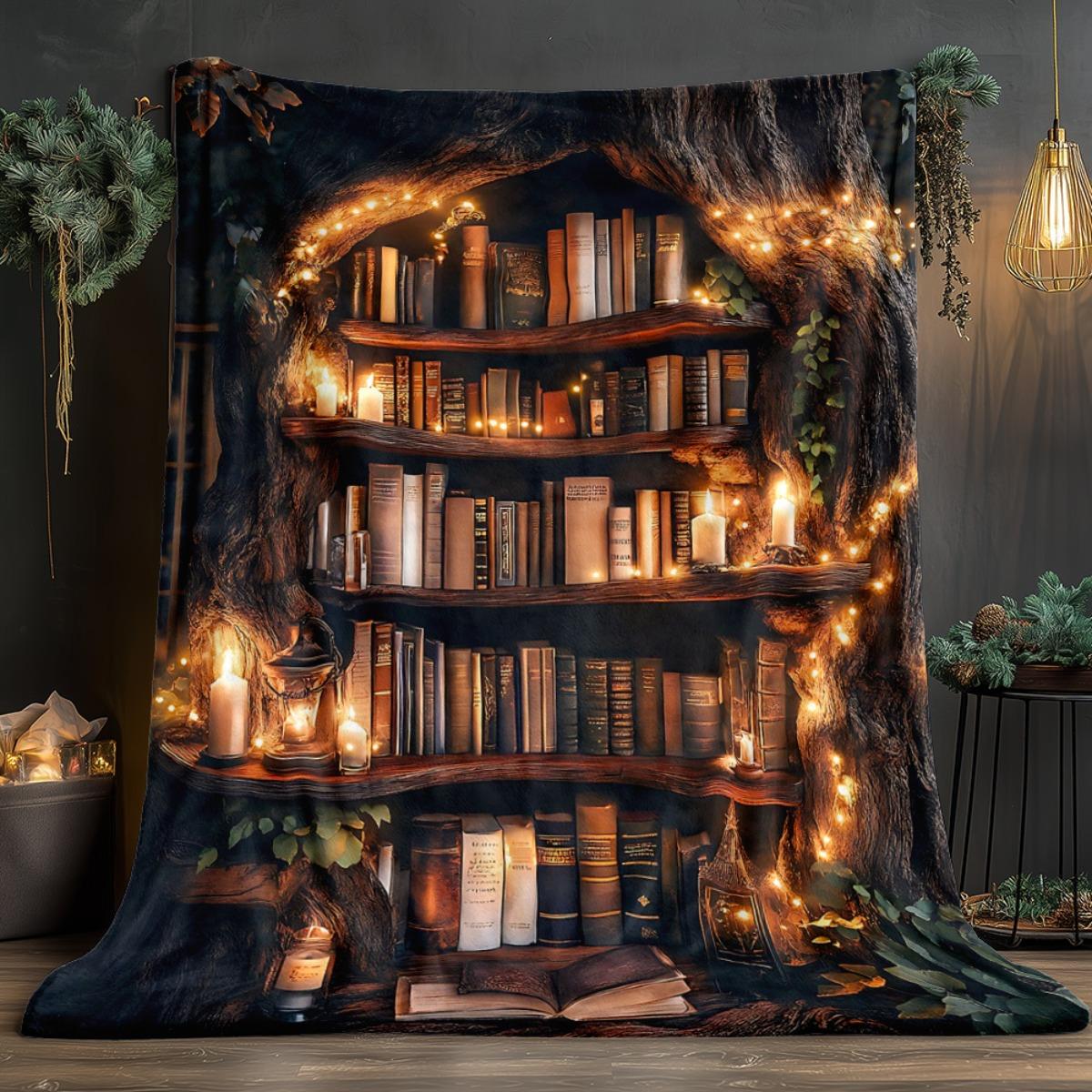 Magic Tree Library Blanket Fantasy Bookshelf Fleece Throw Cozy Reading Nook Decor Soft Warm All Season Home Gift 70x100cm28x39in