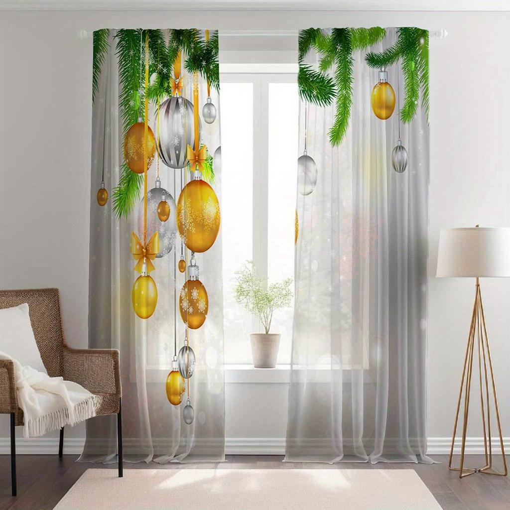 Glam Christmas Curtains Semi-Sheer Polyester Rod Pocket Drapes with Festive Holiday Print for Living Room Bedroom Window Decor