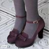Bow Suede  Shoes New European and American Style Round Head Shallow Mouth One-word Buckle with Thick Heel High Heel Single Shoes