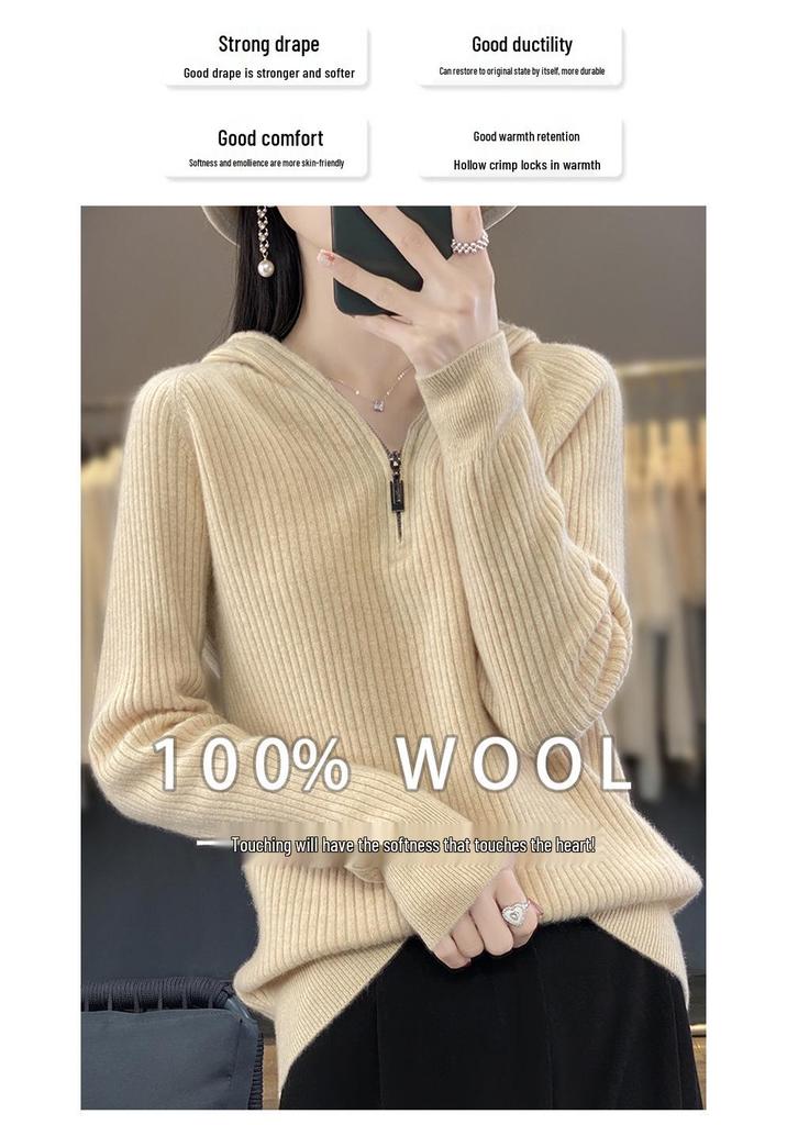 2023 Autumn Winter Women's Loose Wool Knit Hooded Pullover with Raglan Sleeves
