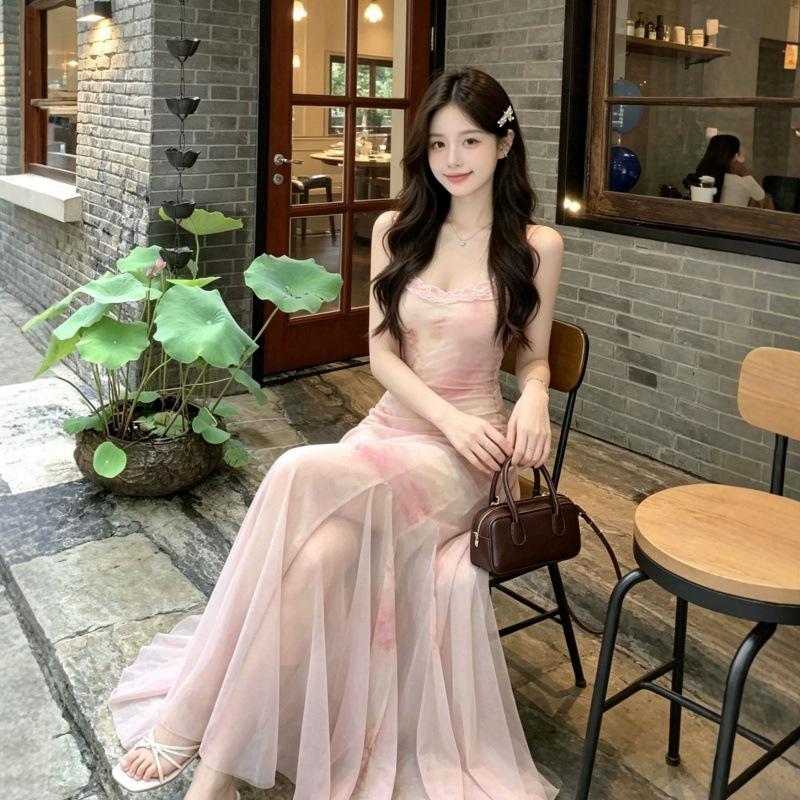 American niche holiday floral slim suspender dress temperament thin mesh dress women's summer