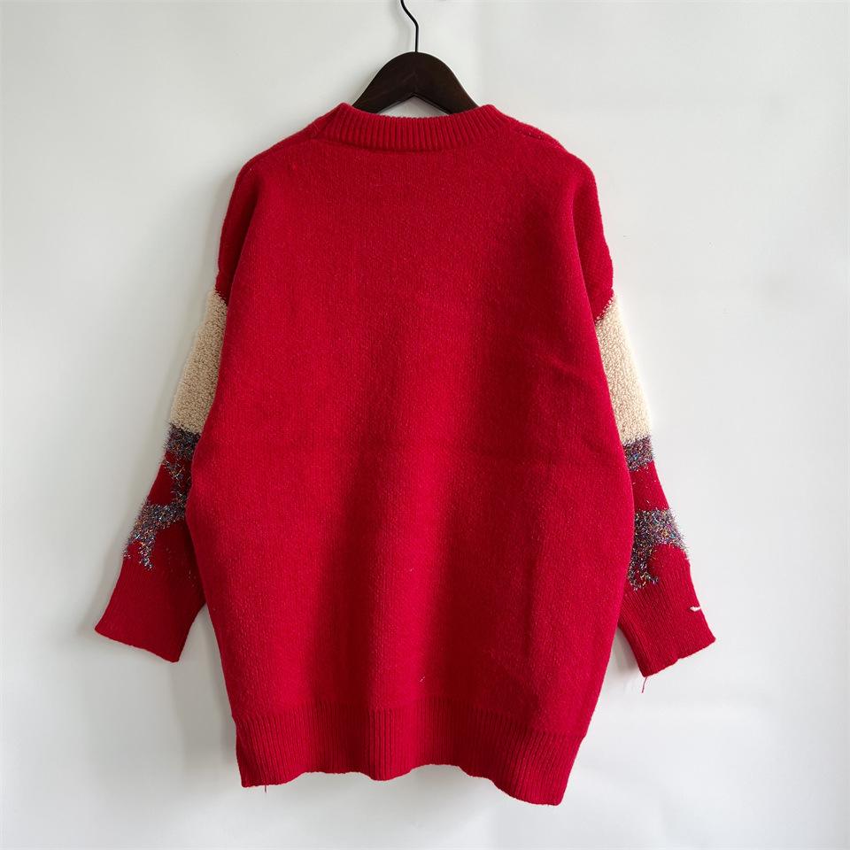 Christmas Tree Jacquard Gold Thread Knitted Round Neck Long Sleeve Loose Hoodie Thickened Christmas Sweater for Women 3533 KTB