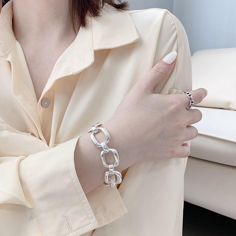 Korean S925 Sterling Silver Geometric Cutout Bracelet - Women's Retro Hong Kong Style Trendy Bangle