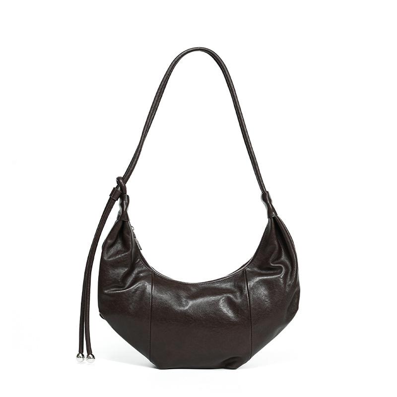 Casual Pleated First Layer Cowhide Shoulder Dumpling Bag Women's Leather Commuter Senior Sense Croissant