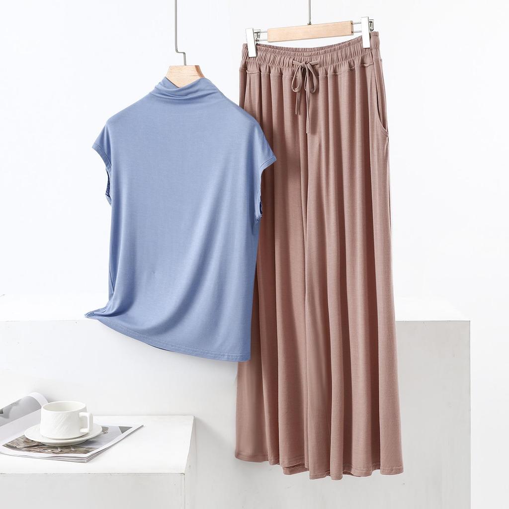 Summer High-Neck Sleeveless Top & Color Block Wide-Leg Pants Two-Piece Set