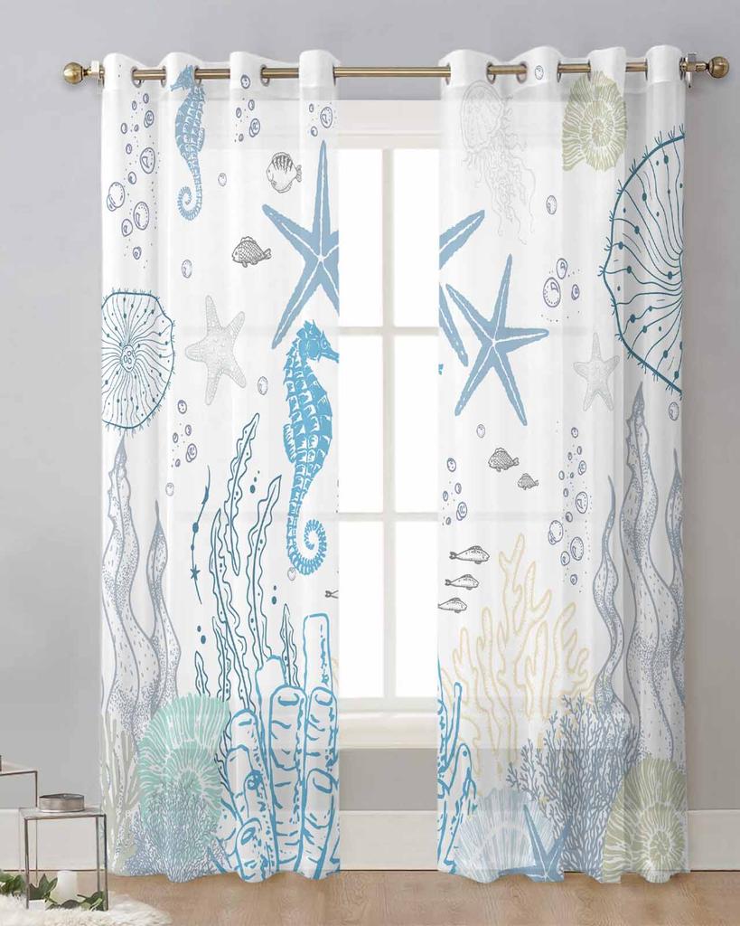 Ocean Coral Starfish Shell Sheer Curtains for Living Room Decoration Window Curtains for Kitchen Tulle Voile Organza Curtains