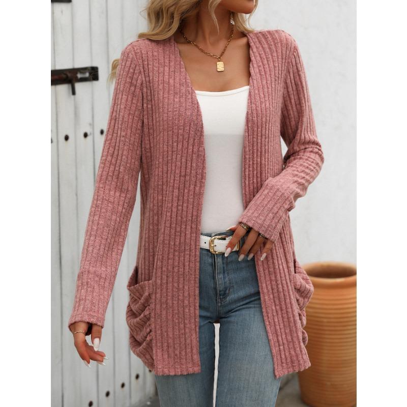 Outono e inverno feminino malhas cor sólida pit listra escovado bolso cardigan manga longa jaqueta