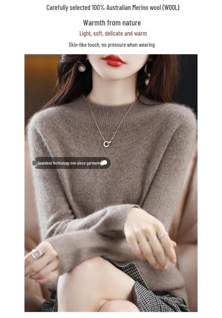 Women's 100% Wool Slimming Cashmere Knit Sweater - Half High Neck, Seamless, Hollow Out Design for Autumn/Winter