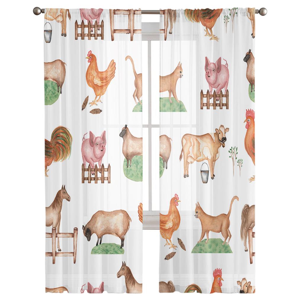 Country Style Farm Animal Cow Chicken Sheep Pig Sheer Curtains for Living Room Modern Bedroom Voile Tulle Curtain Window Drapes