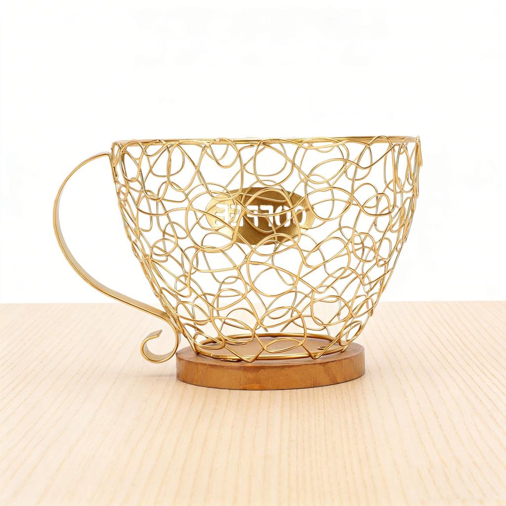 Coffee Pod Holder   Metal Coffee Capsule Storage Basket with Wood Base for Kitchen Countertop