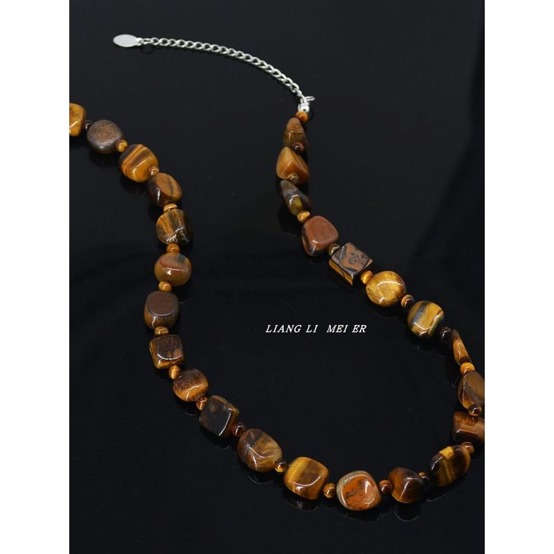 Niche Style French Style Asymmetrical Shaped Clavicle Chain Tigereye