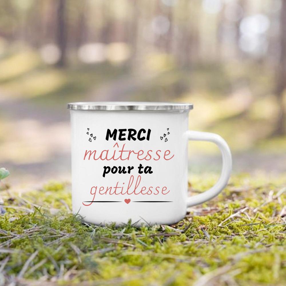 Merci Maitresse French Print Enamel Mug Drinks Dessert Milk Cup Creative Coffee Cups Vintage Handle Drinkware Gift for Teacher