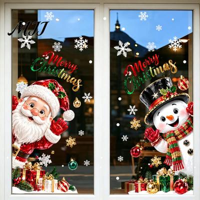 Removable Xmas Window Ornaments Christmas Static Clings, Santa Snowman PVC Stickers, Waterproof Easy Apply Holiday Film Glass Decals for