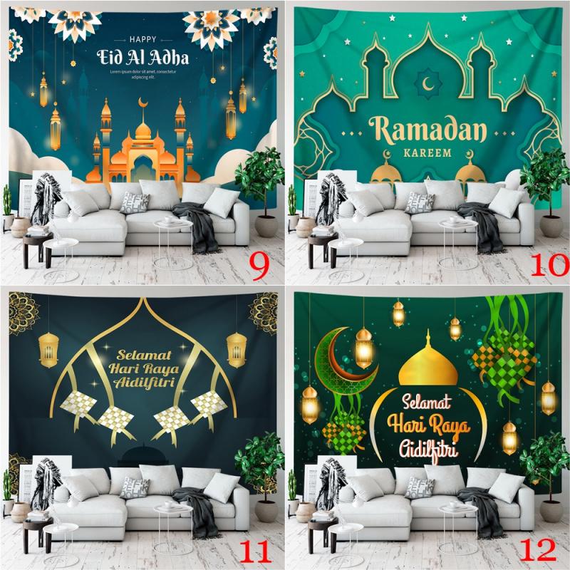VIKAMA Green Gold Mosque Tapestry Ramadan Kareem Ramadan Wall Hanging Islamic Bedroom Decor Washable Art for Living Room