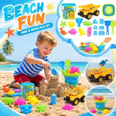 Children Outdoor Sand Play Set with Foldable Square Bucket Dump Truck and Assorted Sand Molds for Beach Water Activities