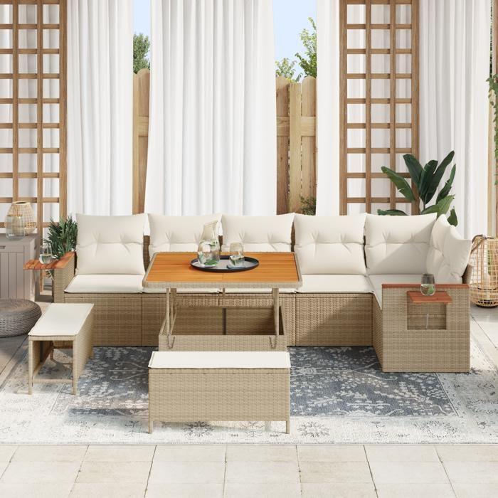 Ensemble de Canapé de Jardin 9 Pièces avec Coussins Beige Rattan Acacia, Ensemble de Salle à Manger de Jardin 3 Pièces 3363186