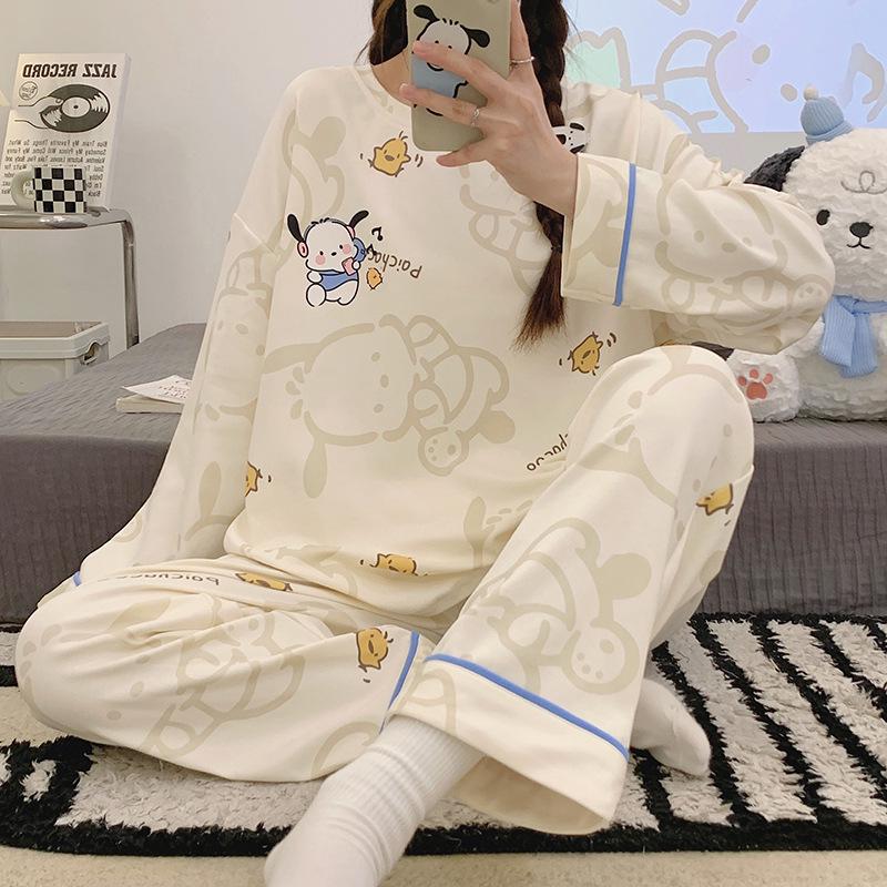 Niedlicher Cartoon-Pyjama für Damen: Reine Baumwolle, Langarm, Rundhalsausschnitt-Pullover, Frühling/Herbst