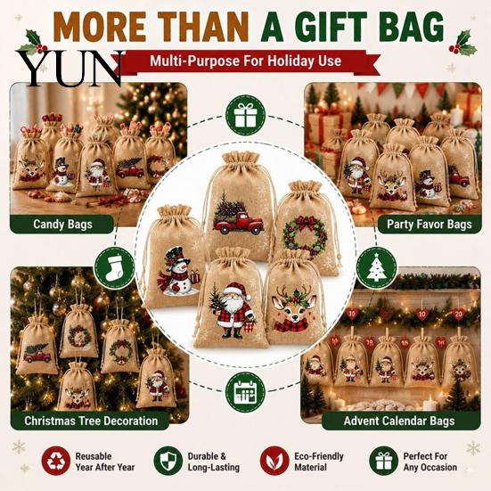 Christmas Party Favor Bags Jute Burlap Gift Bags, Drawstring Treat Candy Reusable Bag, Linen Packaging Pouch for Holiday Favors Theme Materials